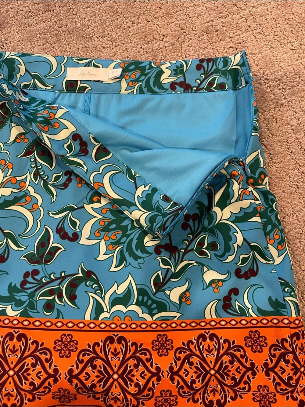 Lady Hagen Turquoise Blue Floral Mini Skirt/Skort with Orange Hem, Size 2